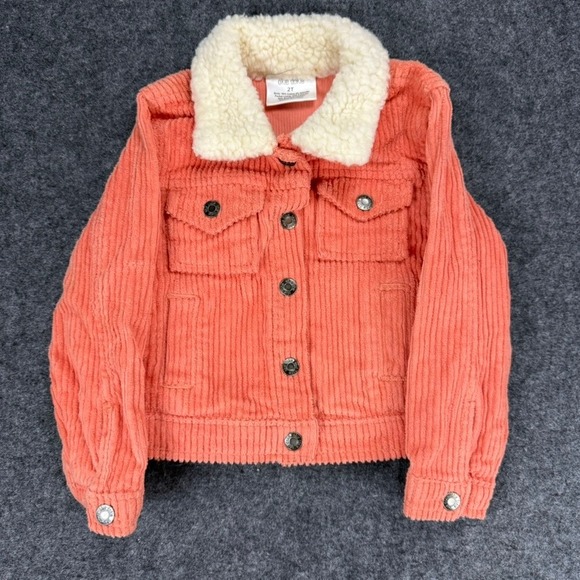 Okie Dokie Girls Corduroy Jacket Size 2T Coral Fleece Collar Button Front - Picture 1 of 6
